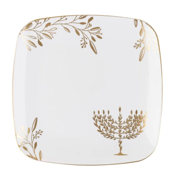 premium dinnerware sets for weddings -White and Gold Square Plastic Plates 10 Pack - Chanukah