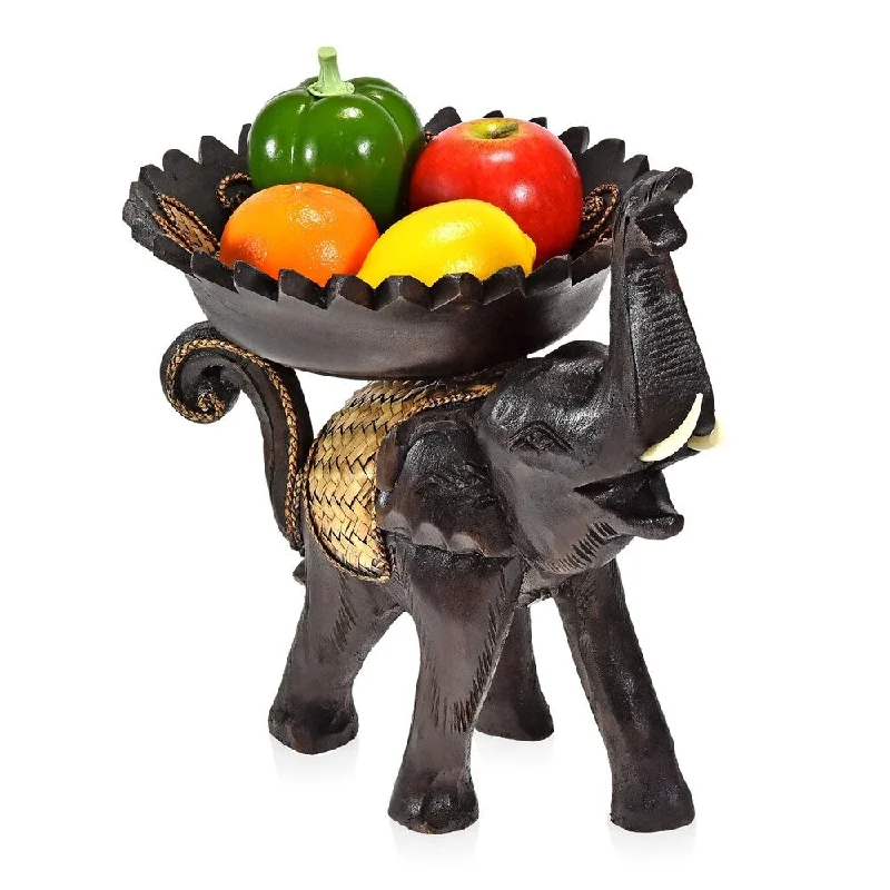 compostable cups and plates -Handmade Wooden Cheerful Carved Elephant Carrying Tray Bowl 9in (Thailand)