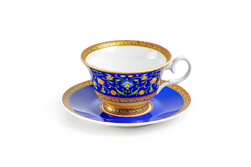 funny coffee cups for work -Royal Blue Floral Bone China Tea Cup and Saucer