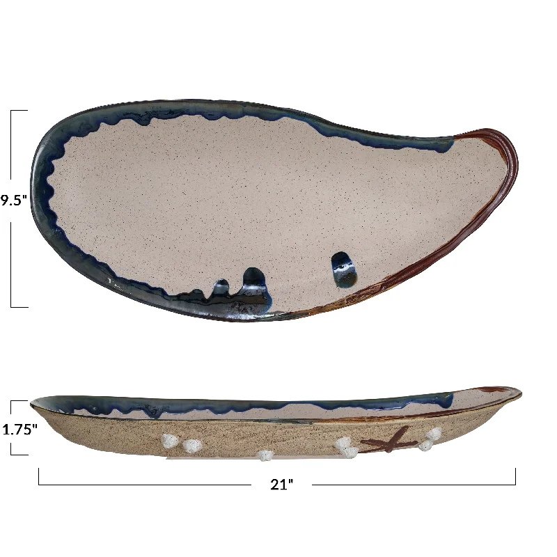 non-breakable drinking cups -Stoneware Shell Plate with Reactive Glaze - 21.0"L x 9.5"W x 1.8"H - 21.0"L x 9.5"W x 1.8"H