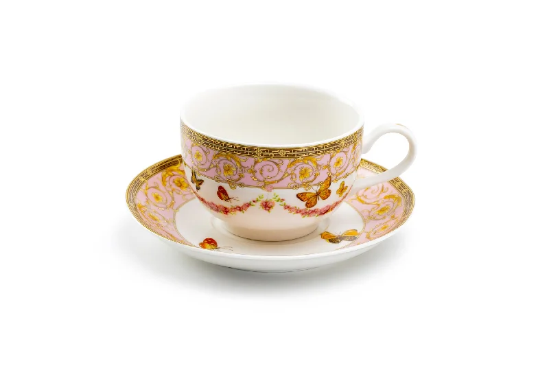 pink coffee mugs -Butterflies with Pink Ornament Fine Porcelain Tea Cup and Saucer