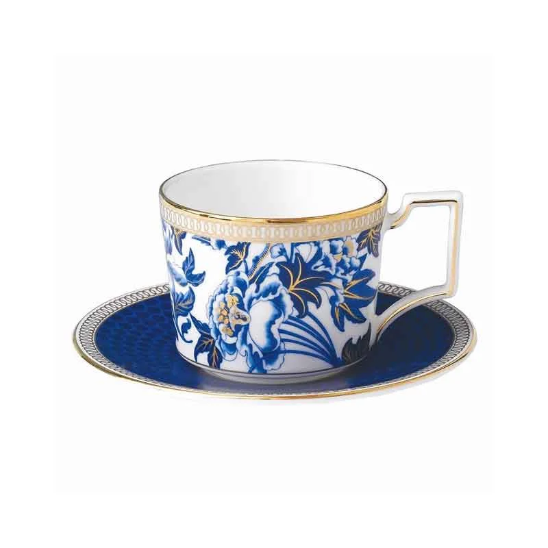 reusable glass coffee mugs -Hibiscus Coffee cup & Saucer, Blue and Gold