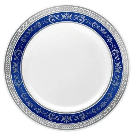 elegant dinner spoons -Blue and Silver Round Plastic 7.25 Inch Appetizer Plates (20 Pack) - Royal