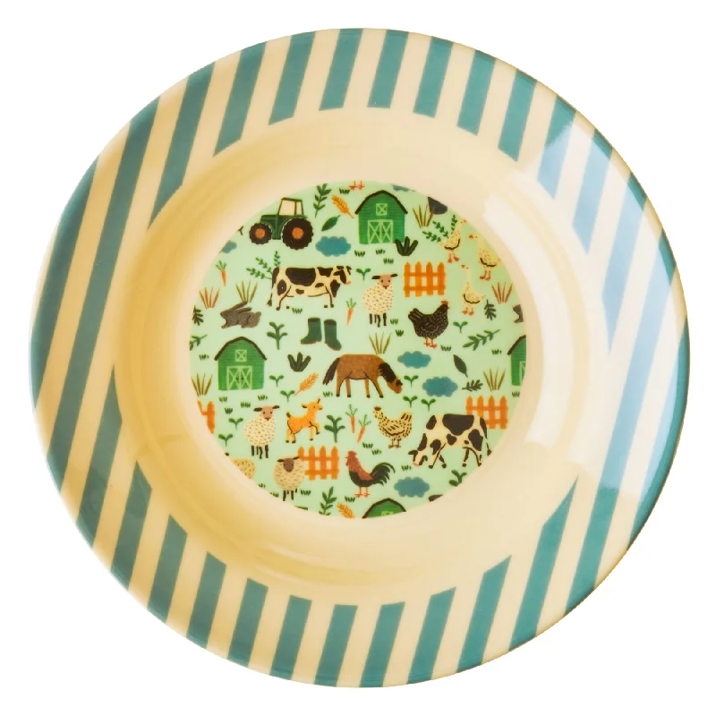 large dinner plates for parties -Rice DK Melamine Kids Bowl with Blue Farm Print