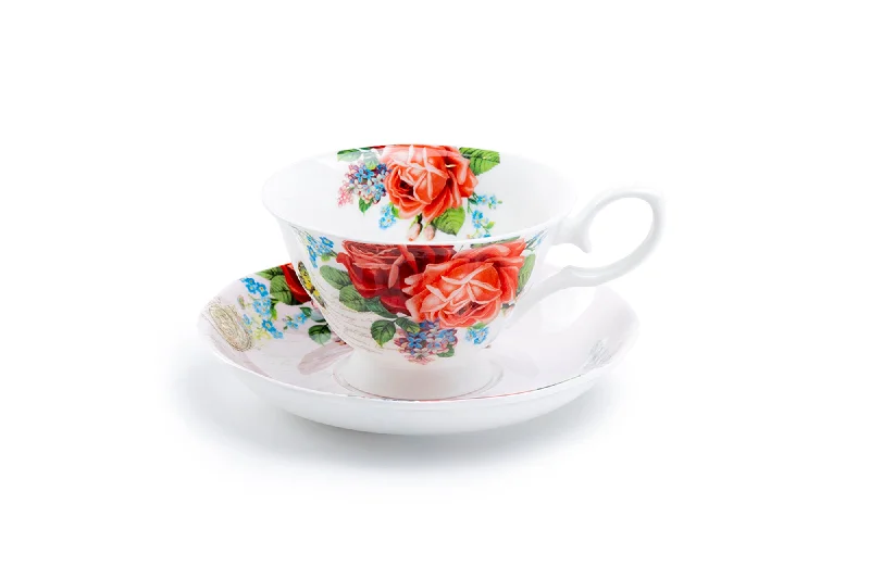 funny mugs for gifts -Red Rose Garden Bone China Tea Cup and Saucer