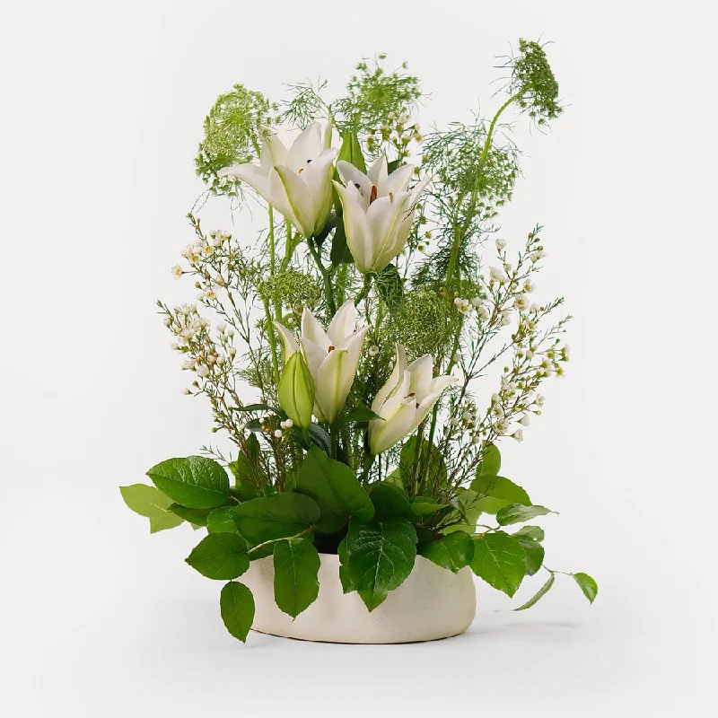 handmade ceramic flower vase -White Lily and  Wild Carrot with Wax Flower arrangements in vase