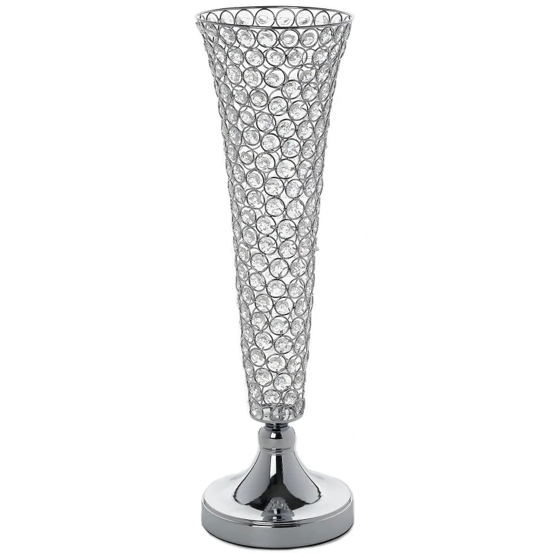 geometric crystal flower vase -23" Tall Silver Beaded Crystals Trumpet Vase Wedding Centerpiece