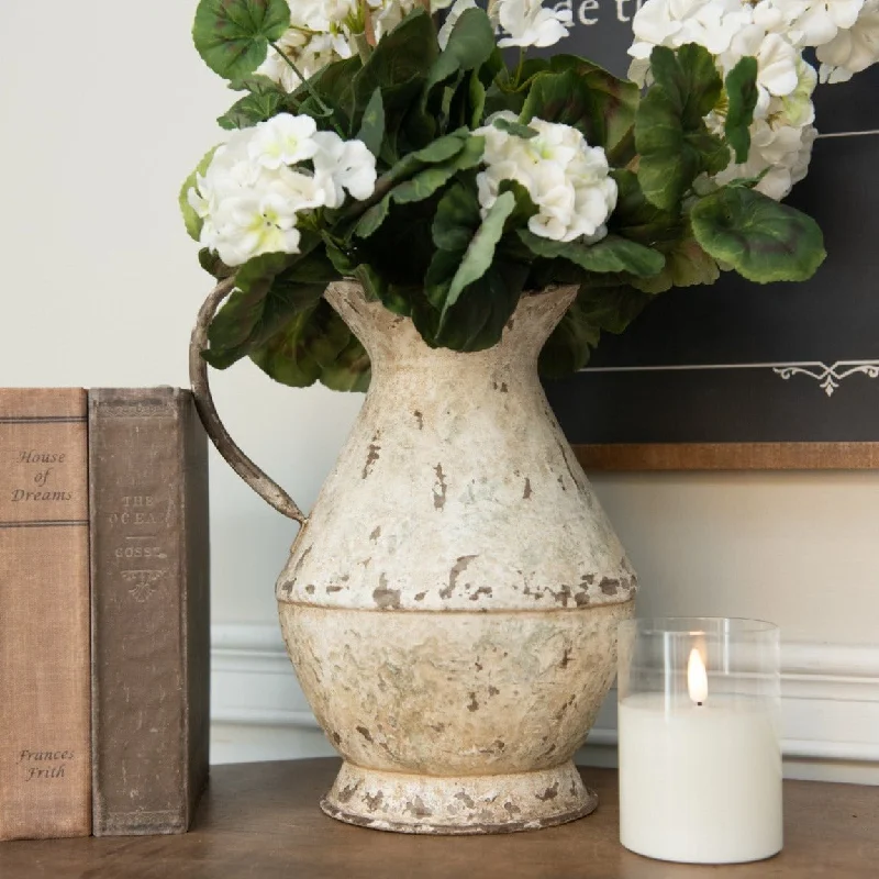 green ceramic flower vase -Aged Cream Metal Pitcher