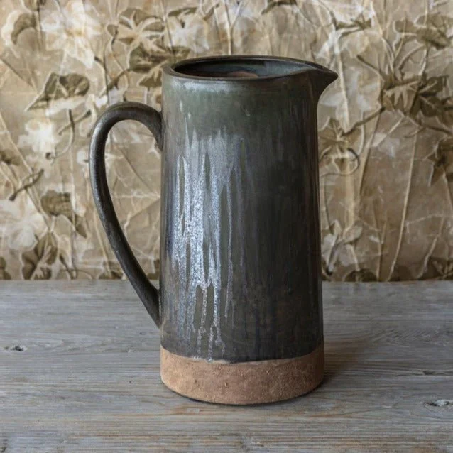 stylish geometric flower vase -Aged Olive Glazed Pottery Pitcher