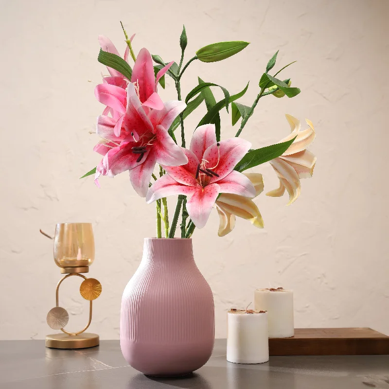 handmade floral vase for home decor -Stylish Ceramic Line Vase Pink