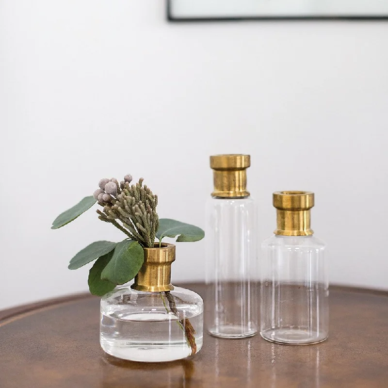 home office flower vase -Antique Gold Gilded Glass Bottle Bud Vase Collection