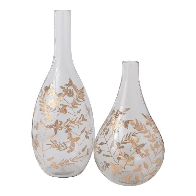 glass vase for flowers -Antiqued Glass & Gold Hand Painted Gilded Pressed Floral Leaf Teardrop Vase