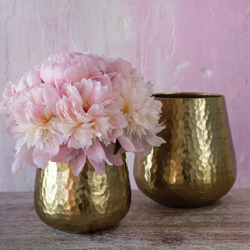 modern floor-standing flower vase -Antiqued Hammered Golden Metal Hux Texturized Vessel Pot