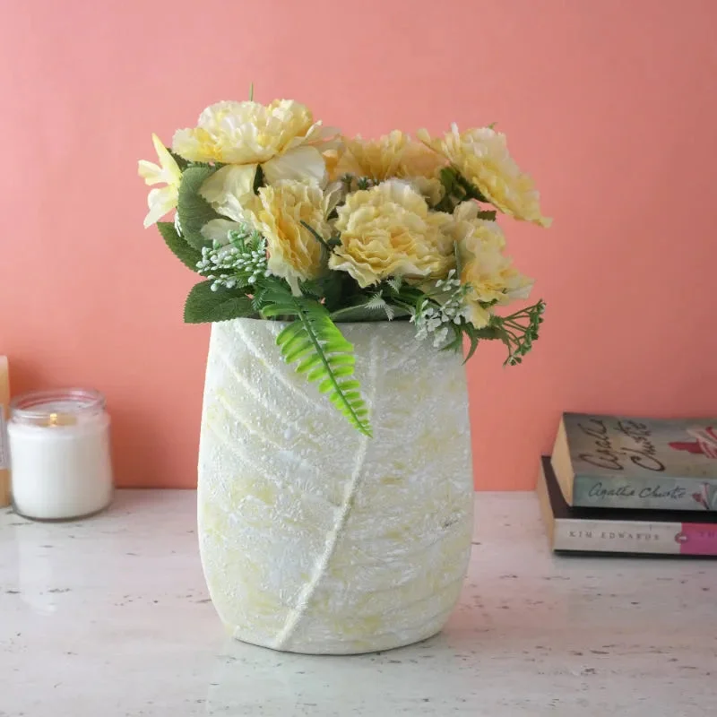 pink ceramic flower vase -Beige Swatched Leaf Imprint Vase