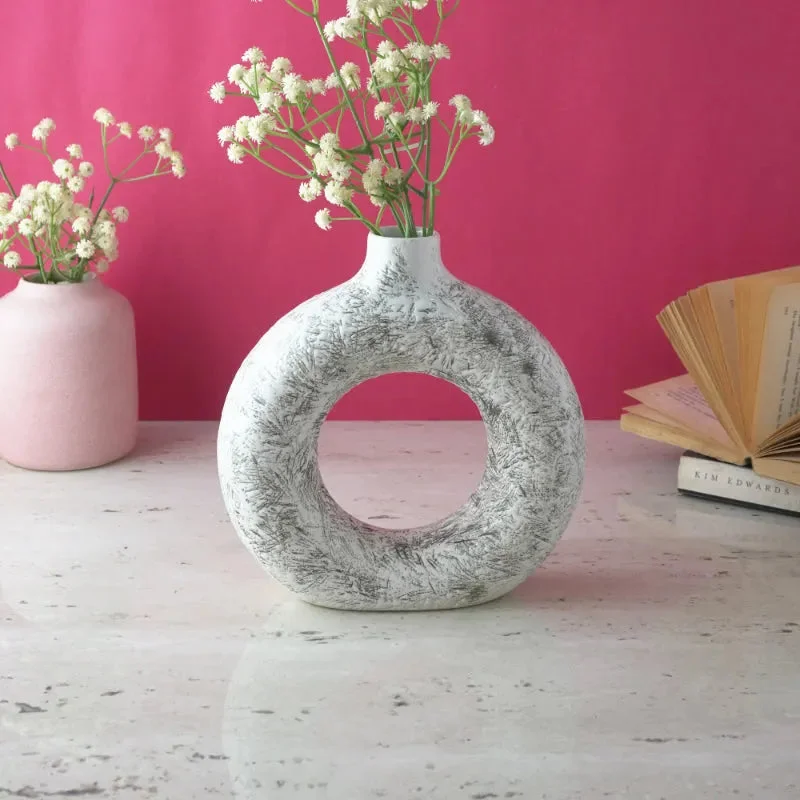 green flower vase -White & Black Swatched Donut Ceramic Vase