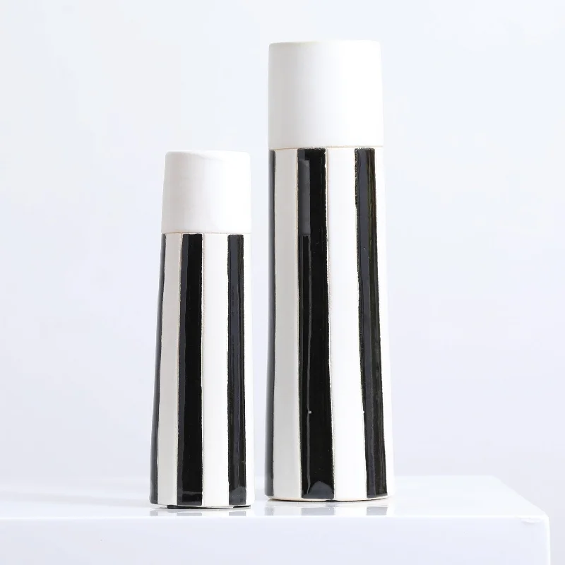 large flower vase -Black & White Striped Ceramic Taper Column Tori Vase- 2 Sizes Available