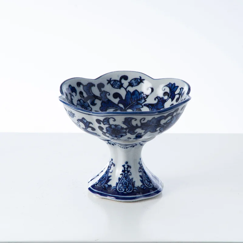 geometric home flower vase -Blue & White Porcelain Chinoiserie Tazza Compote Pedestal Dish