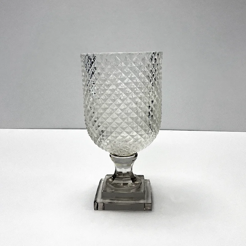 small metal vase for flowers -Embossed Diamond Cut Clear Glass Urn Vessel Elegant Footed Pedestal Vase