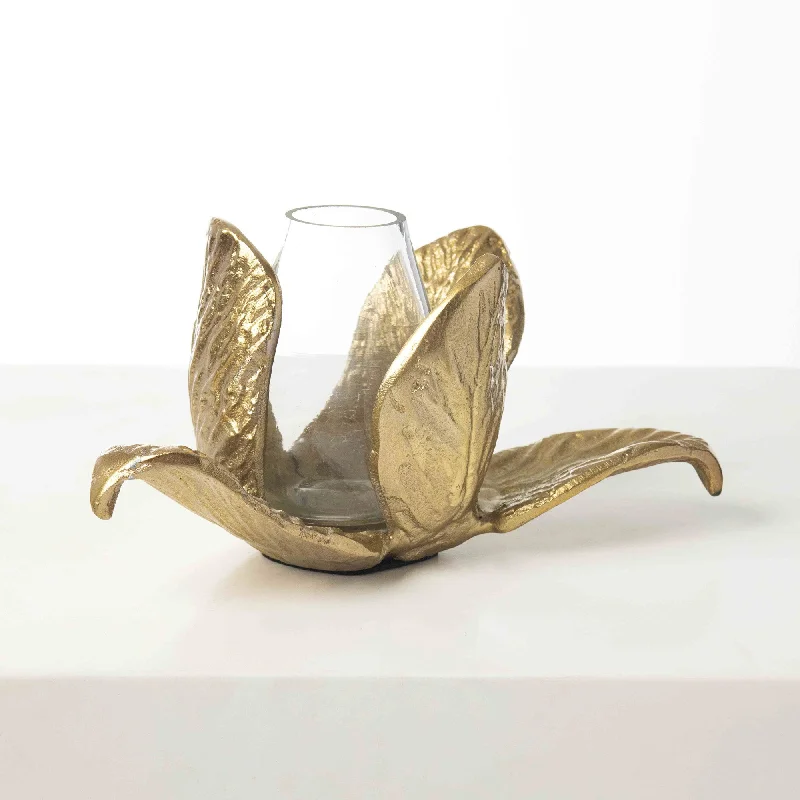 hand-blown flower vase -Gold Metal & Glass Budding Flower Sculpture Candle Holder Budvase