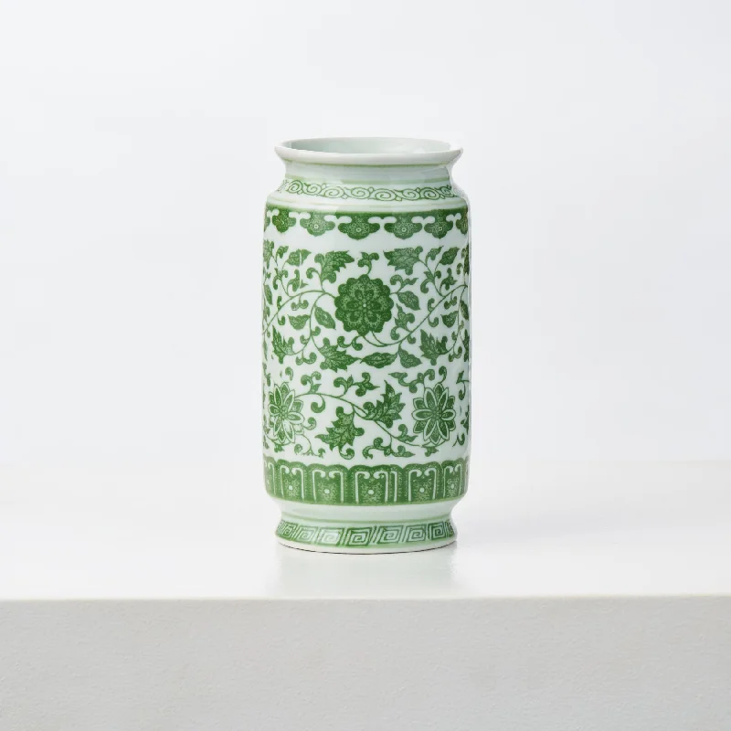 wide flower vase -Green & White Floral Painted Chinoiserie Petite Ceramic Flower Vase