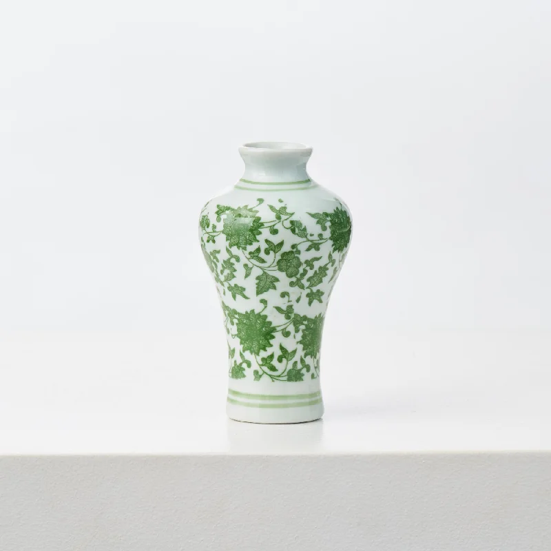 traditional home flower vase -Green & White Floral Painted Chinoiserie Ceramic Plum Vase