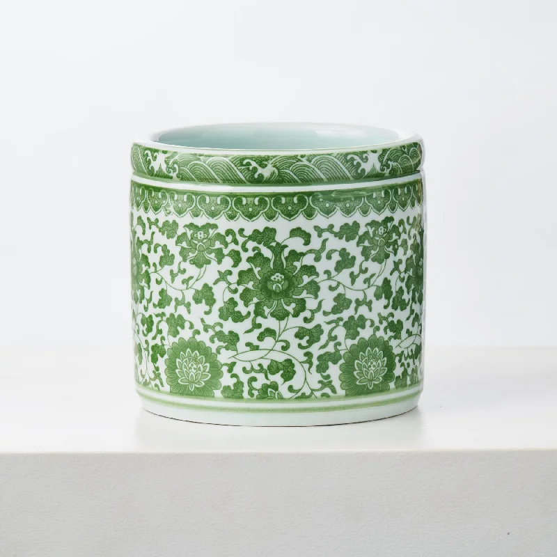 creative flower vase designs -Green & White Floral Painted Chinoiserie Pot Round Ceramic Succulent Planter