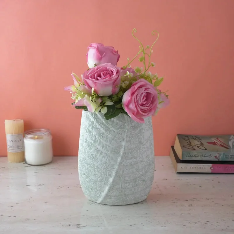 white ceramic flower vase -Grey Swatched Leaf Imprint Vase