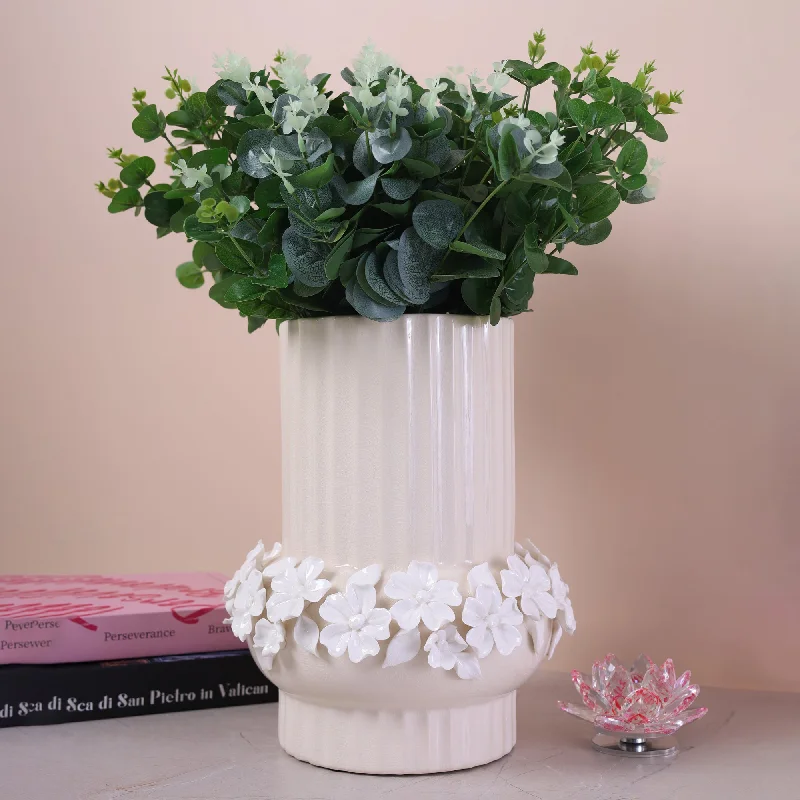 wooden base flower vase -Trendy Ceramic Flower Vase White