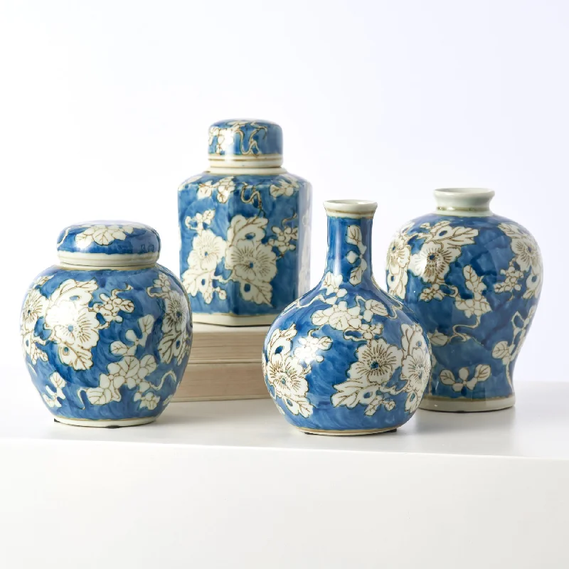 vibrant flower vase -Hand Painted Blue & White Floral Chinoiserie Ceramic Ginger Jar Vase Set of 4