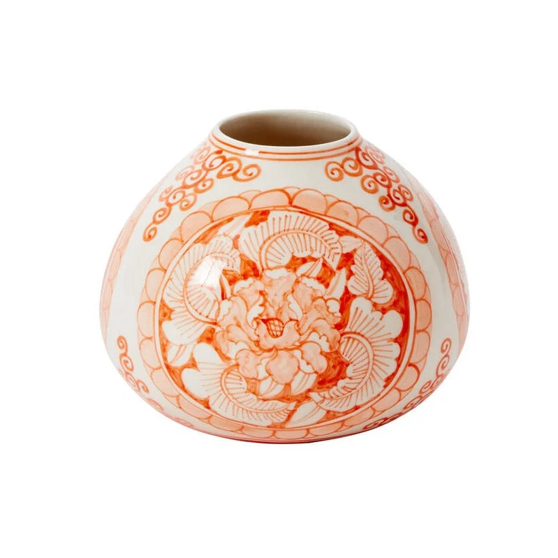 stylish decorative flower vase for living room -Coral Orange & White Hand Painted Chinoiserie Ceramic Eleanor Bulb Budvase