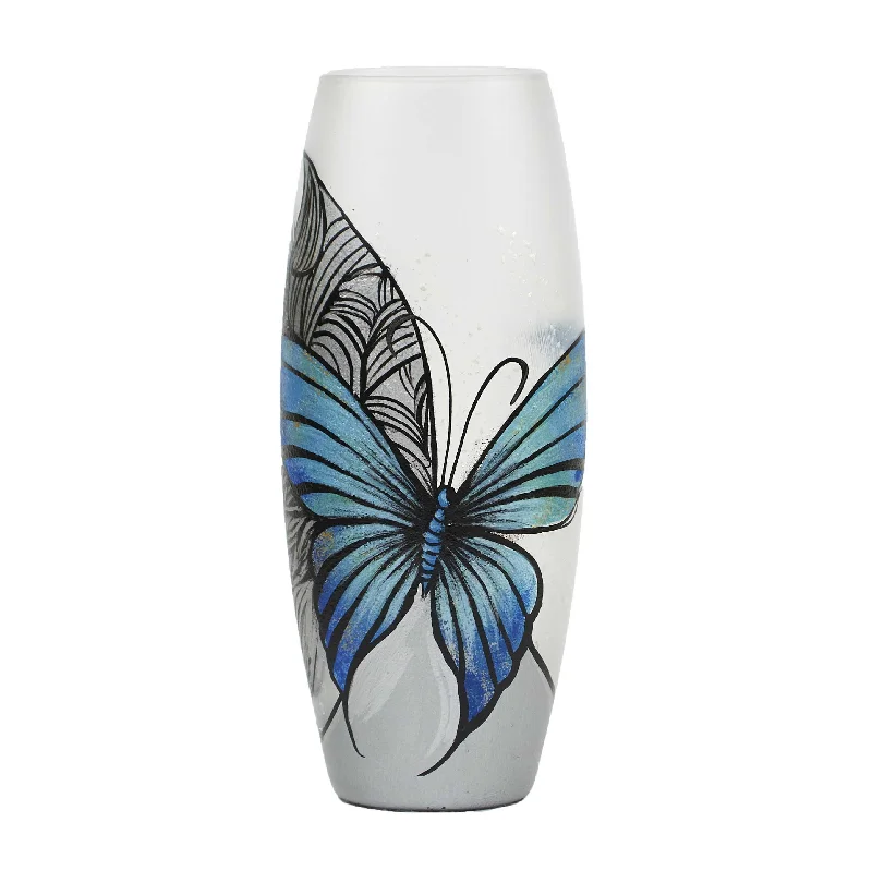 modern glass flower vase -Handpainted Glass Vase for Flowers | Blue Butterfly Painted Art Glass Oval Vase | Interior Design | Table vase 10 inch | 7736/250/sh227