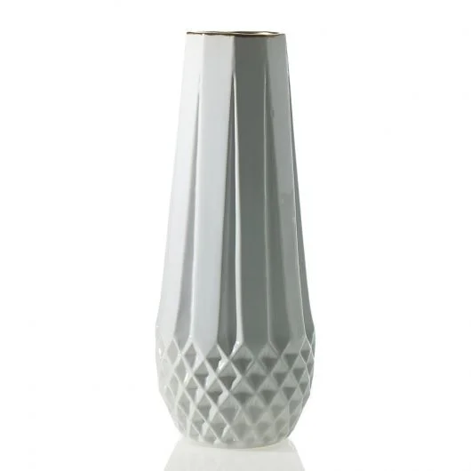 flower vase for tall flowers -Melrose Ceramic White Glazed Chevron Texture and Antiqued Gold Interior Vase