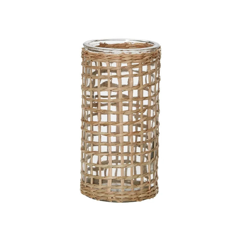 wooden flower vase for interior decor -Modern Tropical Glass Vase Pot with Natural Woven Rattan Cover