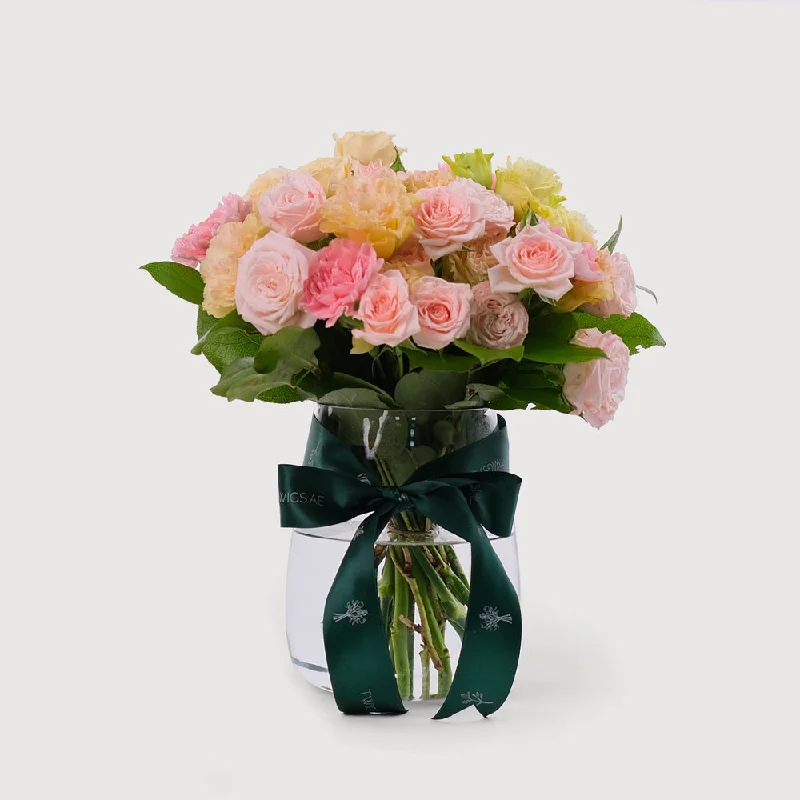 green ceramic flower vase -SPRAY ROSE AND LISIANTHUS PEACH FLOWER ARRANGEMENT IN VASE