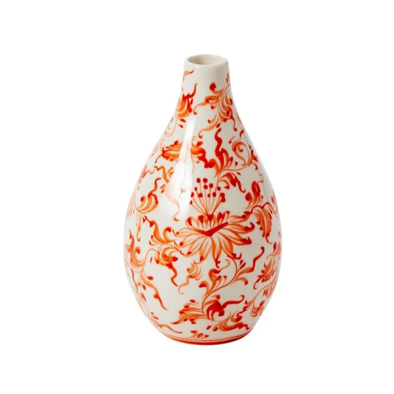 handmade glass flower vase -Coral Orange & White Hand Painted Chinoiserie Ceramic Eleanor Budvase