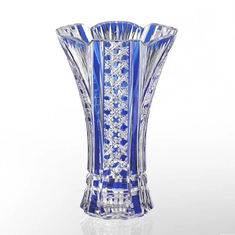 modern handmade flower vase -[VASE] BAMBOO LEAVES & OCTAGONAL BASKET WEAVE BLUE | EDO KIRIKO | KAGAMI CRYSTAL