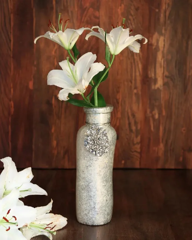 rustic ceramic flower vase -Silver Accent Ivory Glass Vase