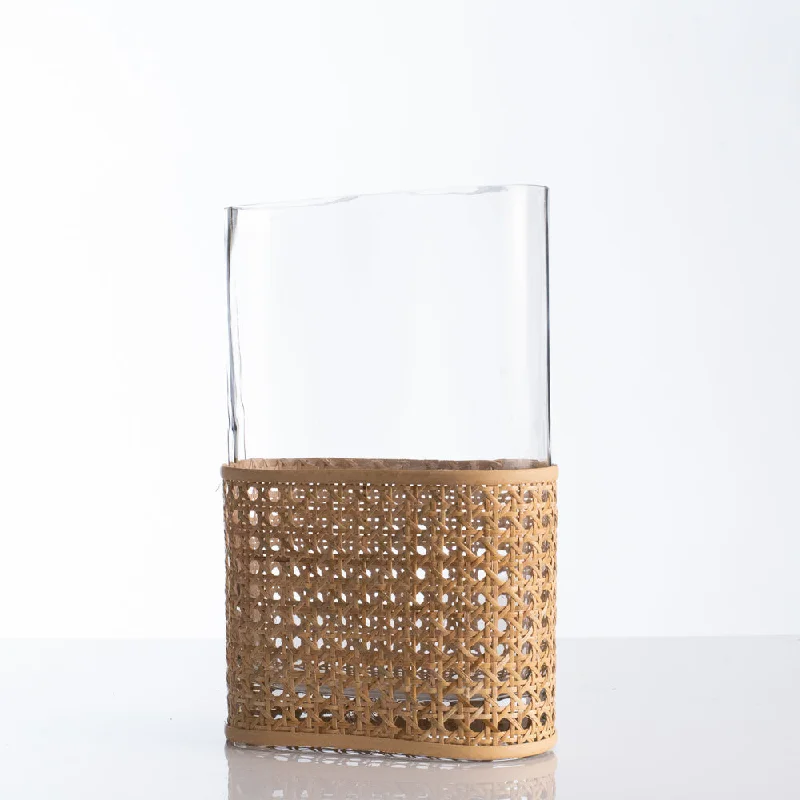 contemporary flower vase for office -Tall Modern Eclectic Oval Glass Vase with Natural Woven Rattan Cover