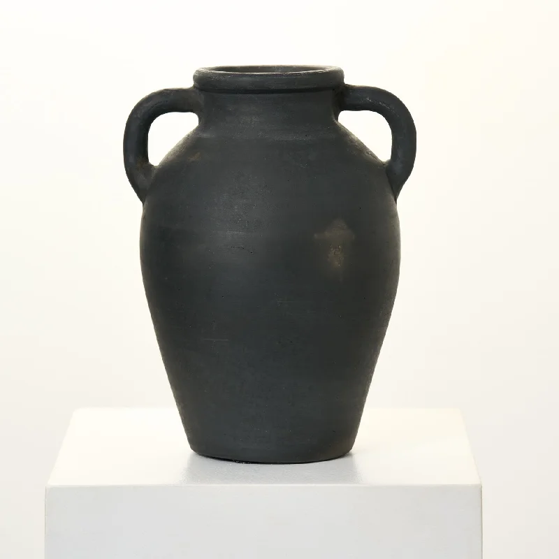 geometric decorative flower vase -Textured Black Terracotta Jug Vase with Handles