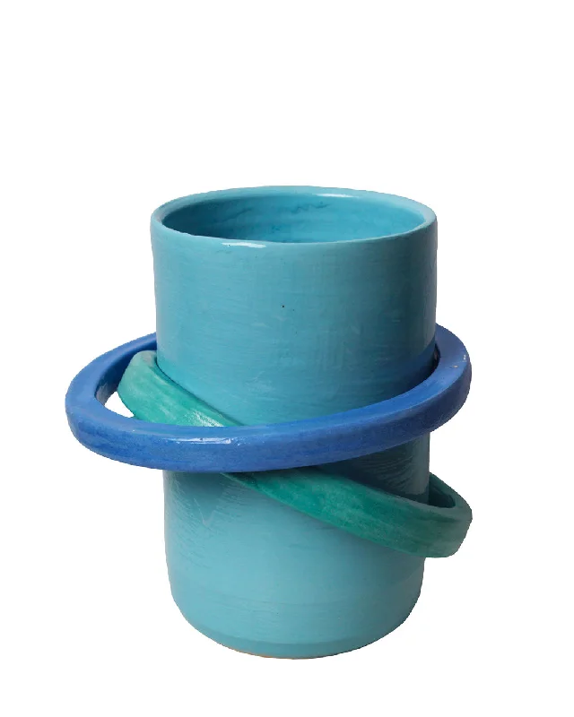 handmade geometric ceramic flower vase -Paduang vase - Bright blue