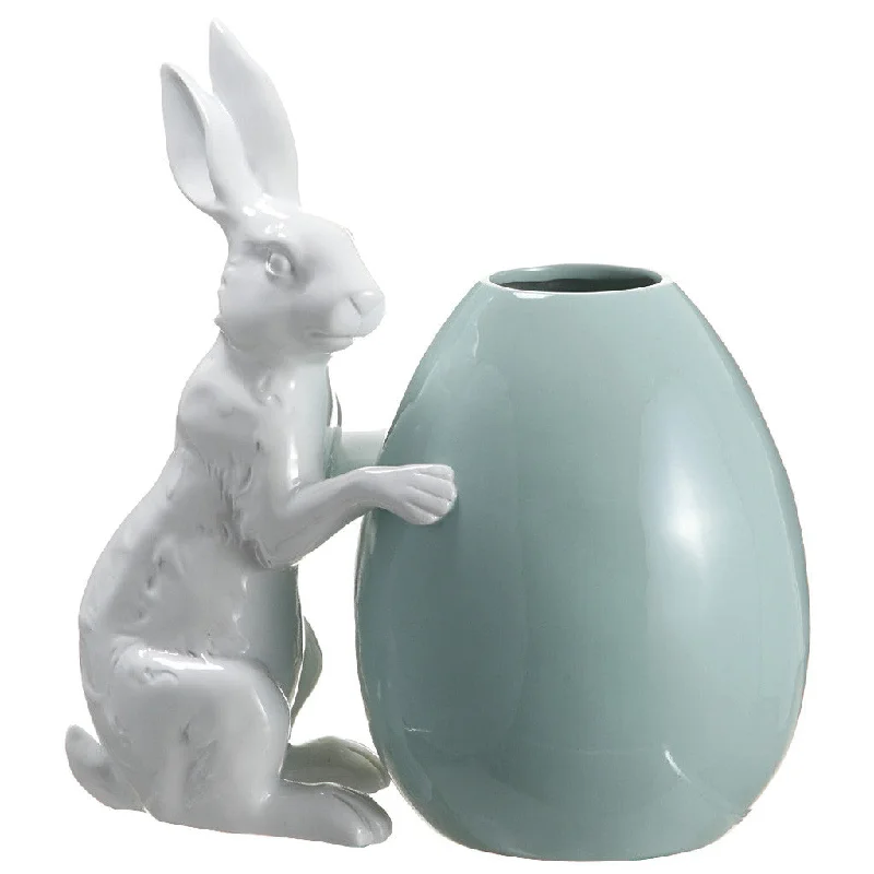 glass flower vase -White Polyresin Bunny w/Turquoise Egg