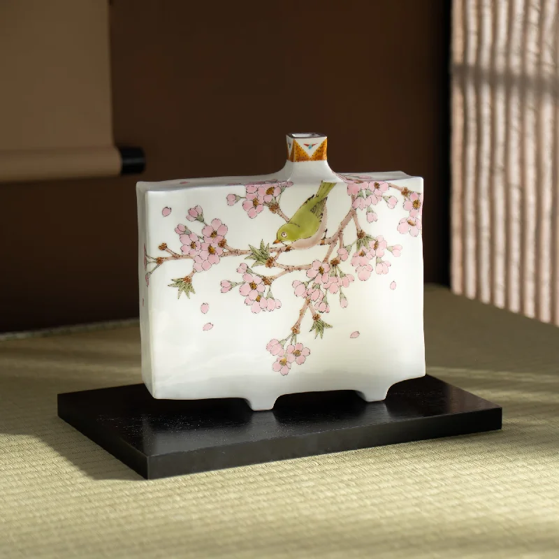 glass vase for floral arrangements -Cherry Blossom and Warbling White-eye Japanese Flower Vase