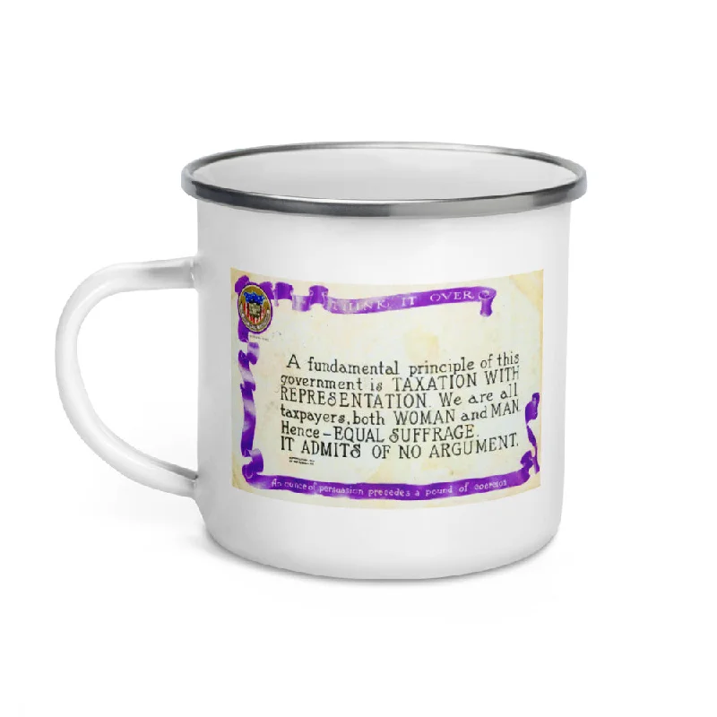 coffee mugs for tea drinkers -1914 postcard in support of the 19th Amendment (enamel mug)