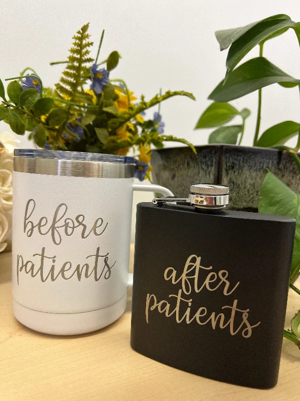 coffee mugs with designs -Before Patients After Patients - 15 oz Coffee Mug and 6 oz Flask Set