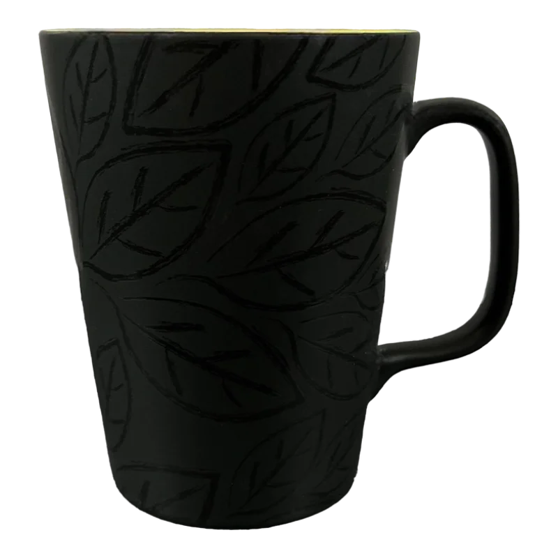 trendy tea mugs with quotes -Black Mug With Leaf Pattern and Orange Interior Mug Starbucks