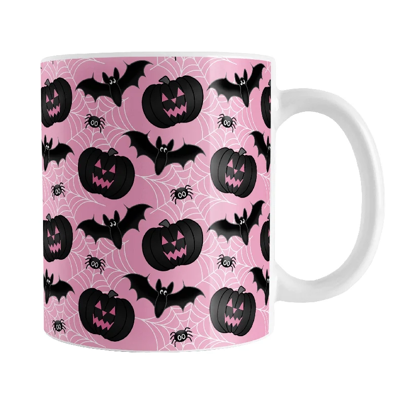 personalized glass tea mugs -Black Pumpkins Bats and Spiders Pink Halloween Mug