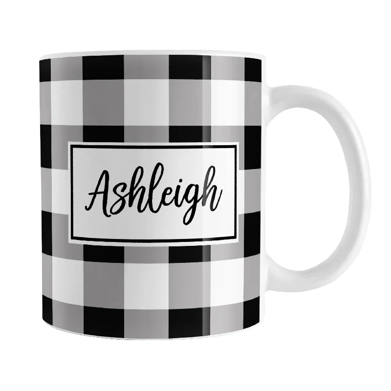 luxury coffee mugs -Personalized Name Black and White Buffalo Plaid Mug