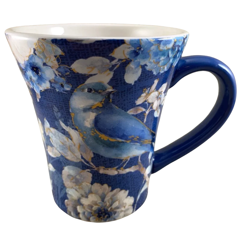 trendy insulated coffee mugs -Blue Birds & Flowers Lisa Audit Indigold Mug Certified International