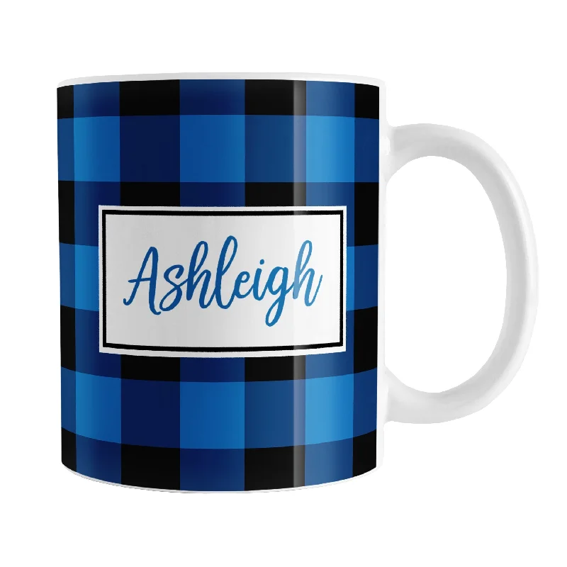 wooden tea cups -Personalized Name Blue and Black Buffalo Plaid Mug