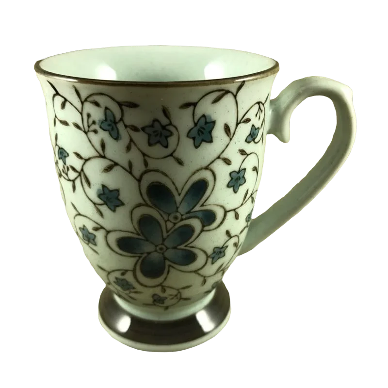 coffee cups with cute sayings -Blue Flowers Pedestal With Fancy Handle And Brown Trim Mug